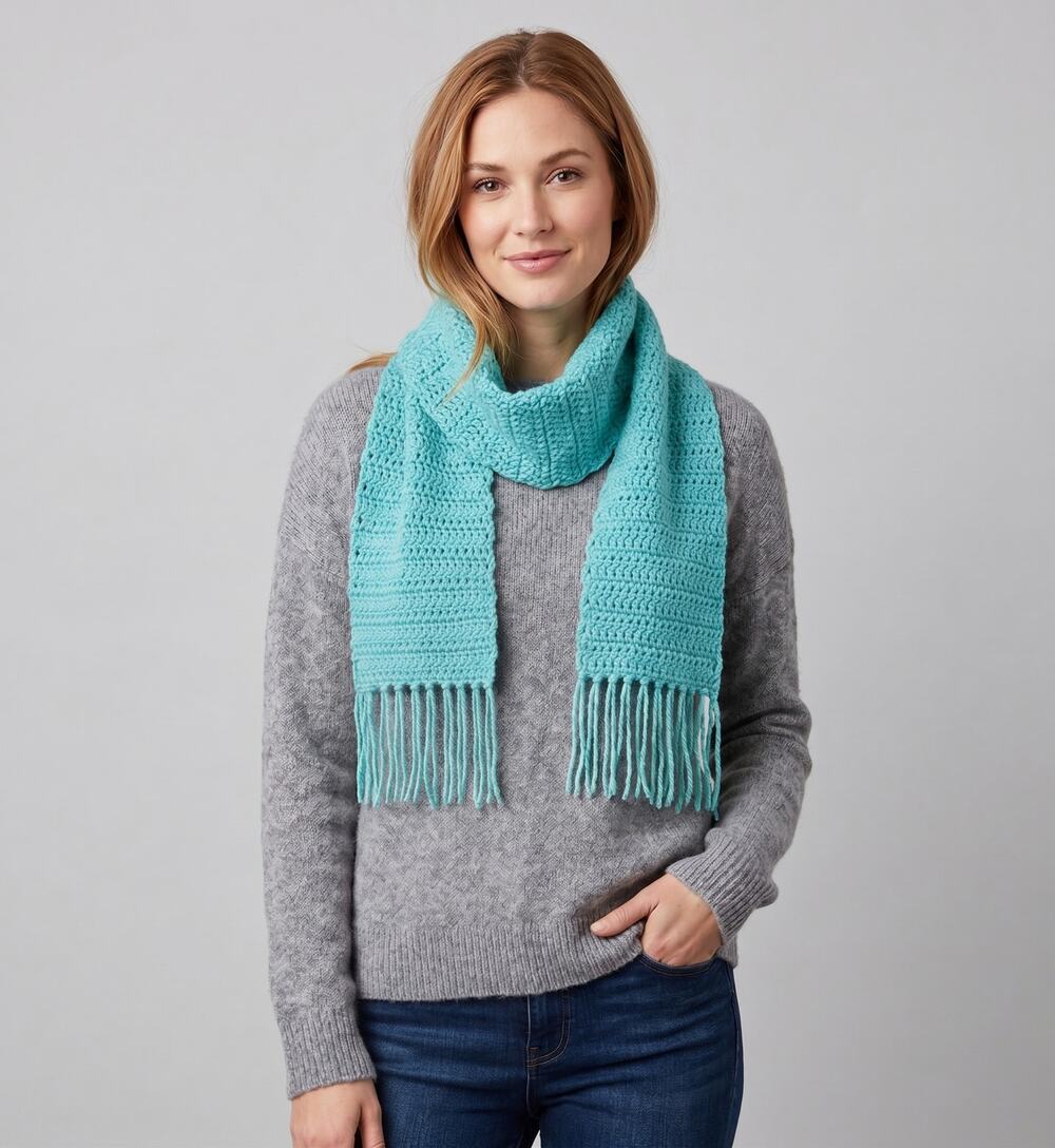 Hand Knit Crochet Scarf Seafoam Green Blue Fringe